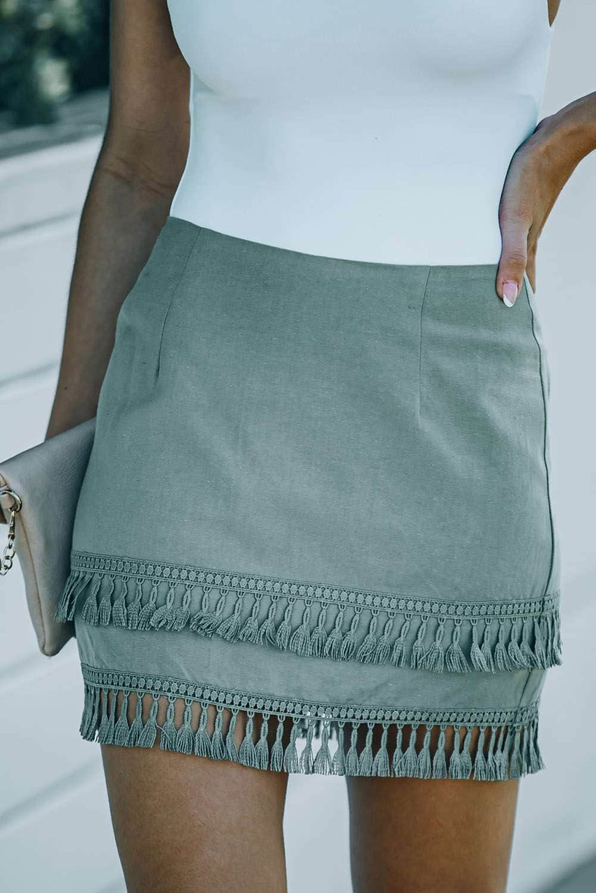 Green Tiered Tassel Zip-up High Waist Mini Skirt