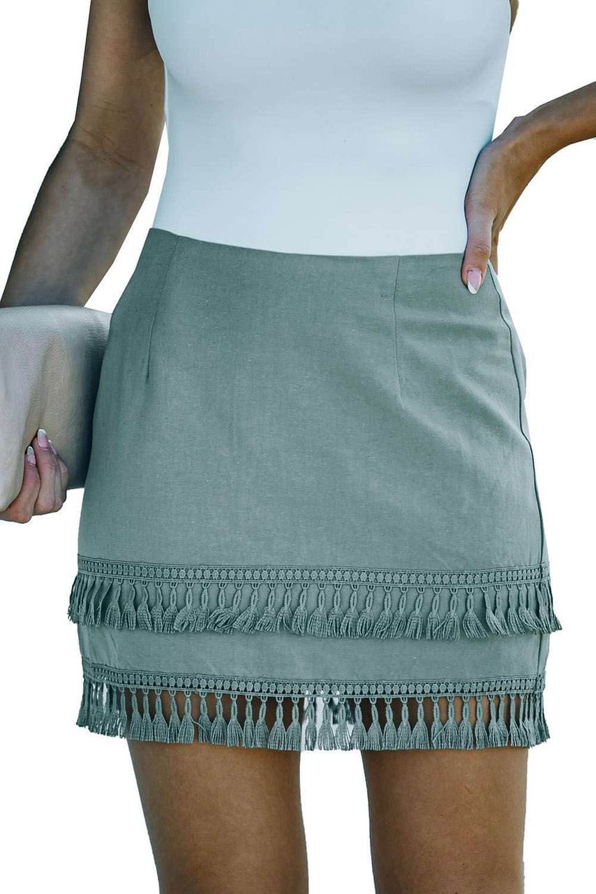 Green Tiered Tassel Zip-up High Waist Mini Skirt