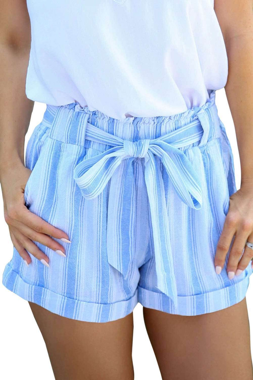 Sky Blue Striped Print Rolled Hem Belted High Waist Shorts