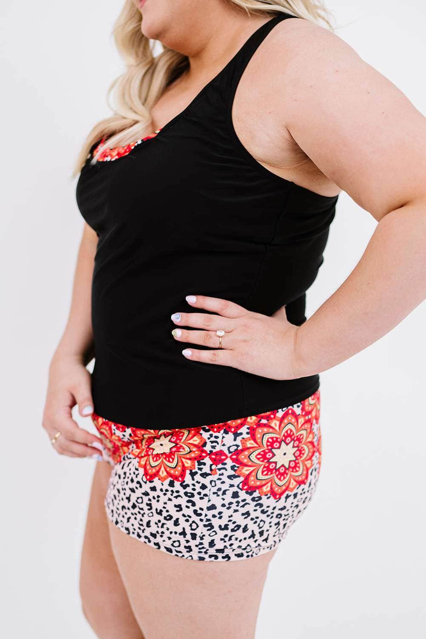 Black Floral Leopard Plus Size Tankini with Vest