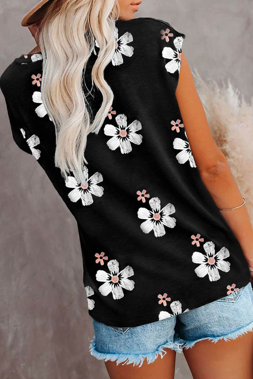 Black Floral Cap Sleeve T-Shirt with Pocket