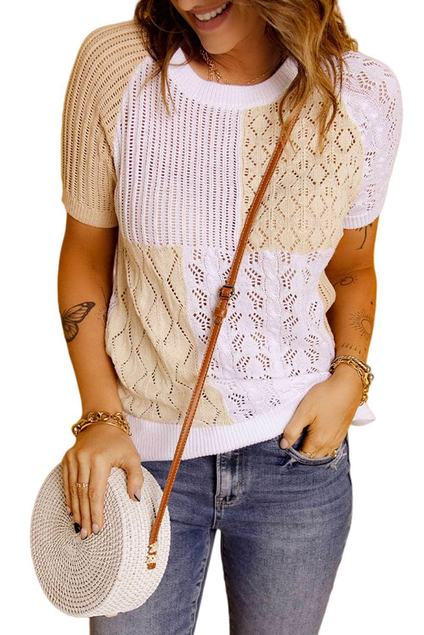 Apricot Color Block Knitted Short Sleeve T Shirt