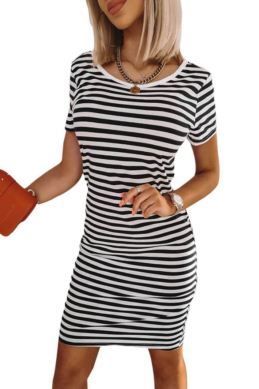 Striped Short Sleeve Midi T Shirt Dress