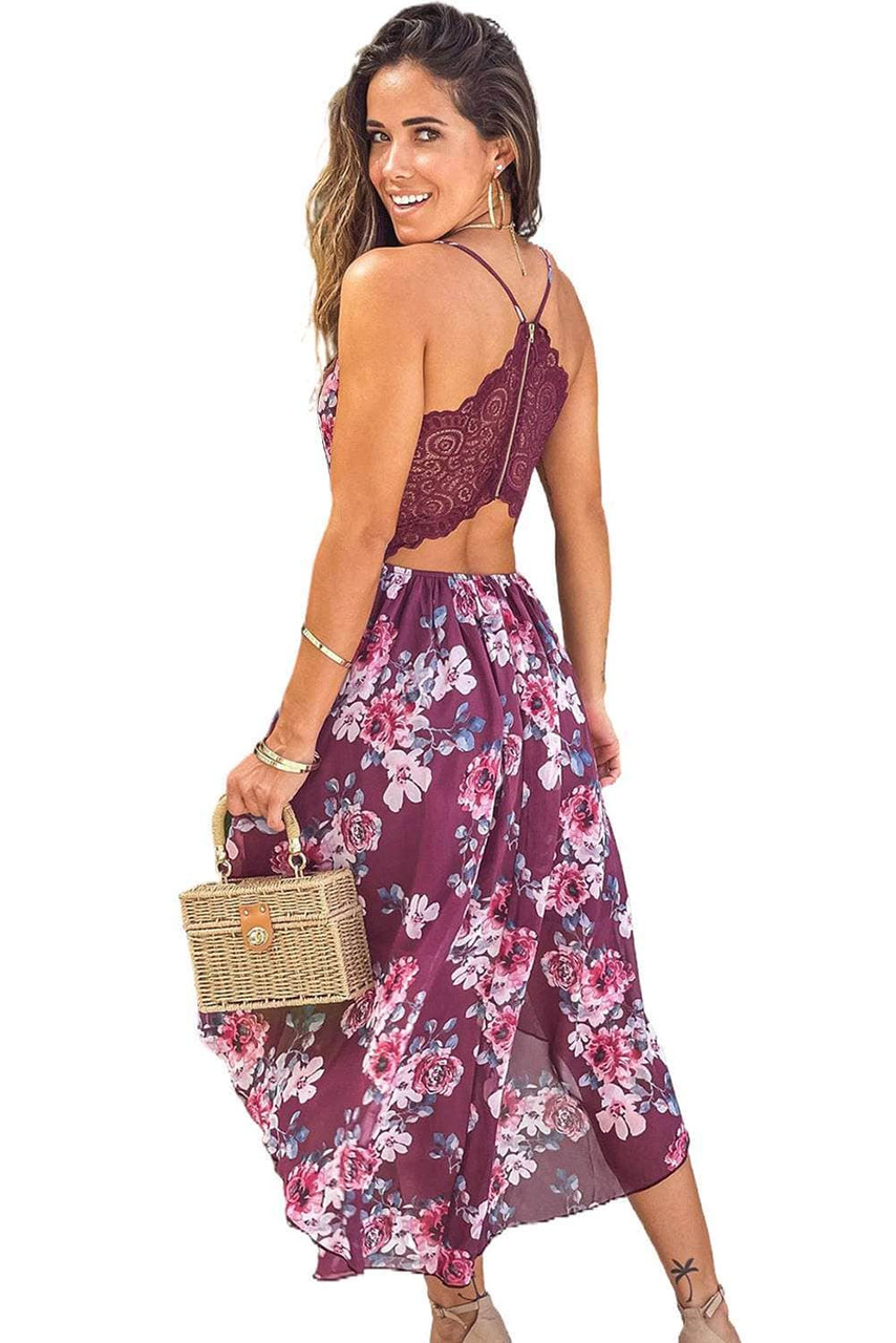 Burgundy Floral High-low Dress with Lace Back