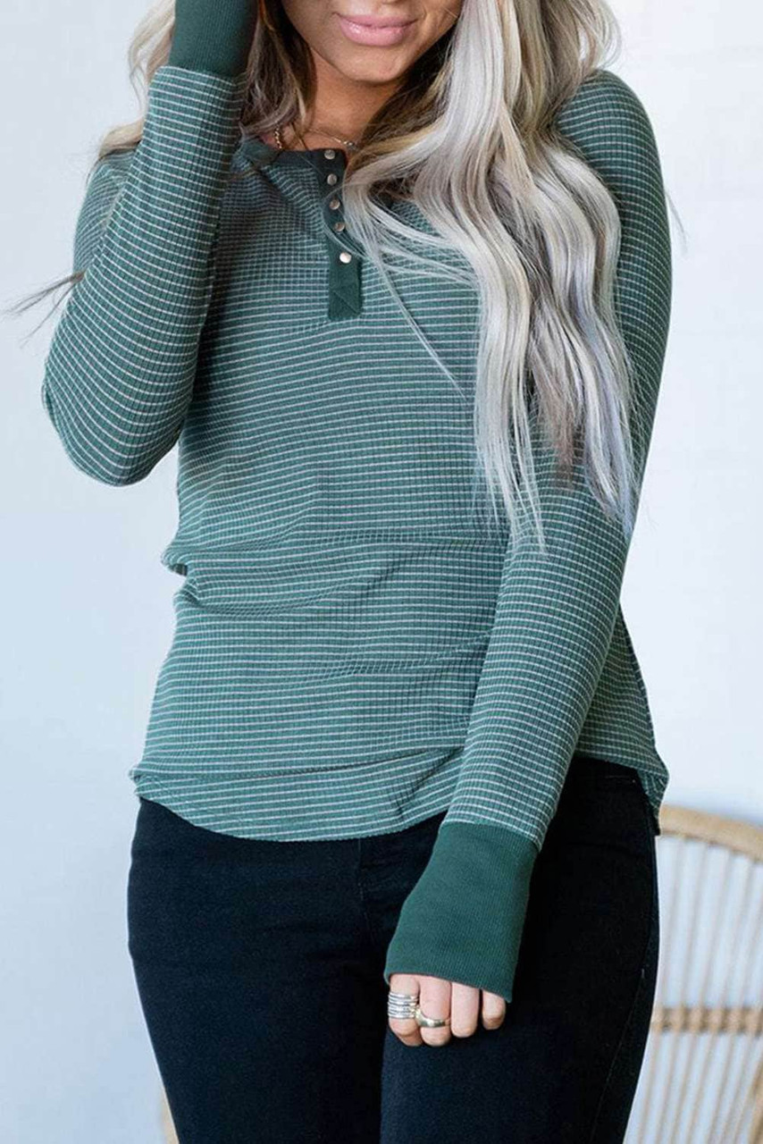 Green Striped Print Buttoned Waffle Knit Long Sleeve Top