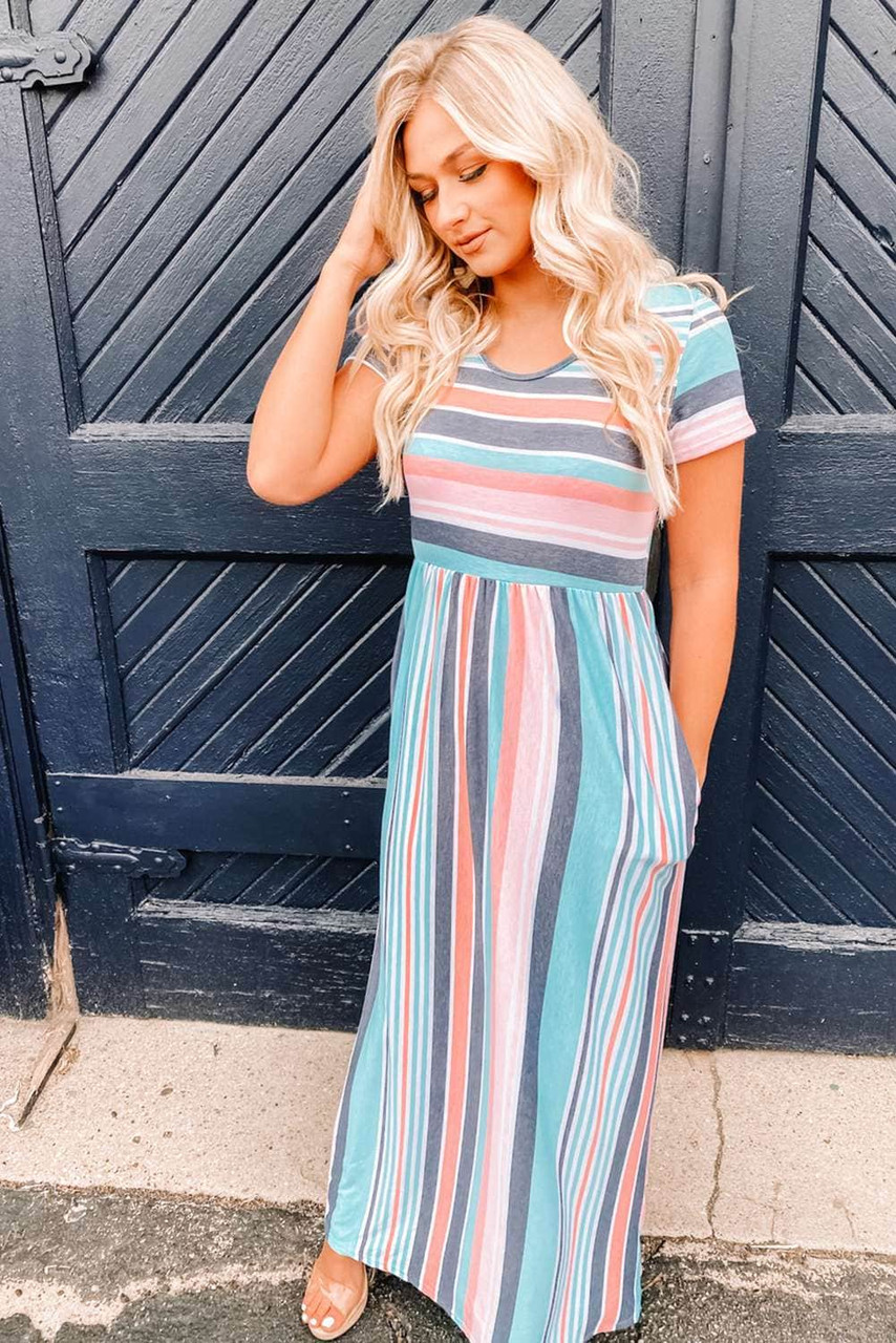 Striped Print Short Sleeve High Waist T Shirt Dress with Pockets