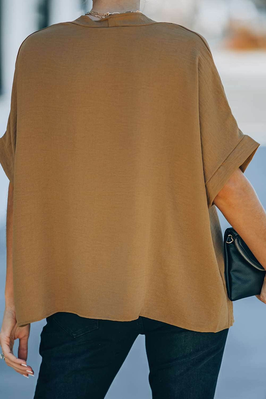 Brown Solid Loose V Neck Short Sleeve Blouse