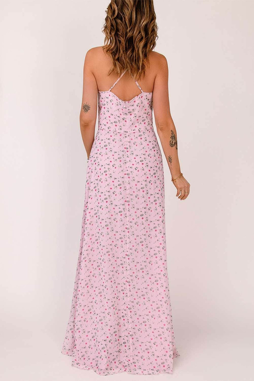 Pink Floral Print Side Slit Criss Cross Spaghetti Strap Maxi Dress