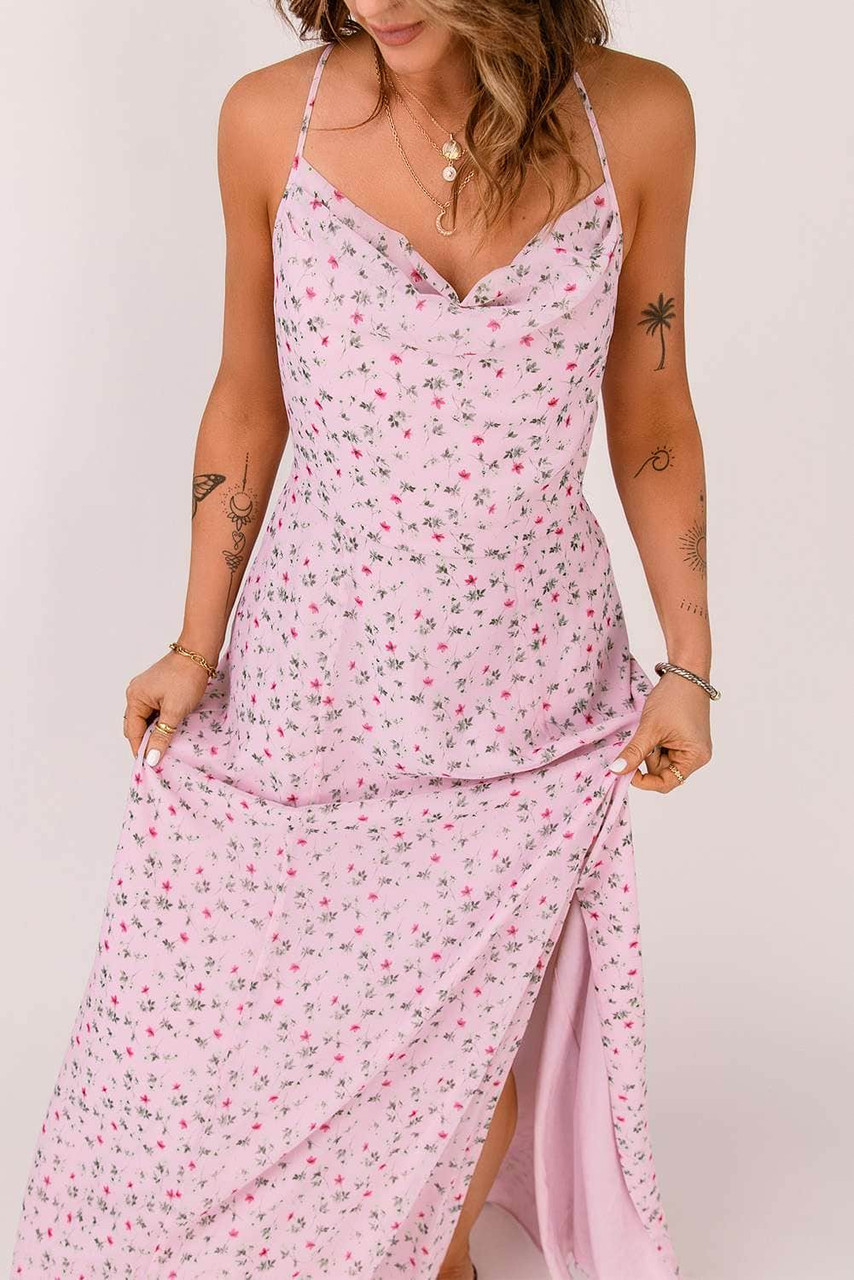 Pink Floral Print Side Slit Criss Cross Spaghetti Strap Maxi Dress