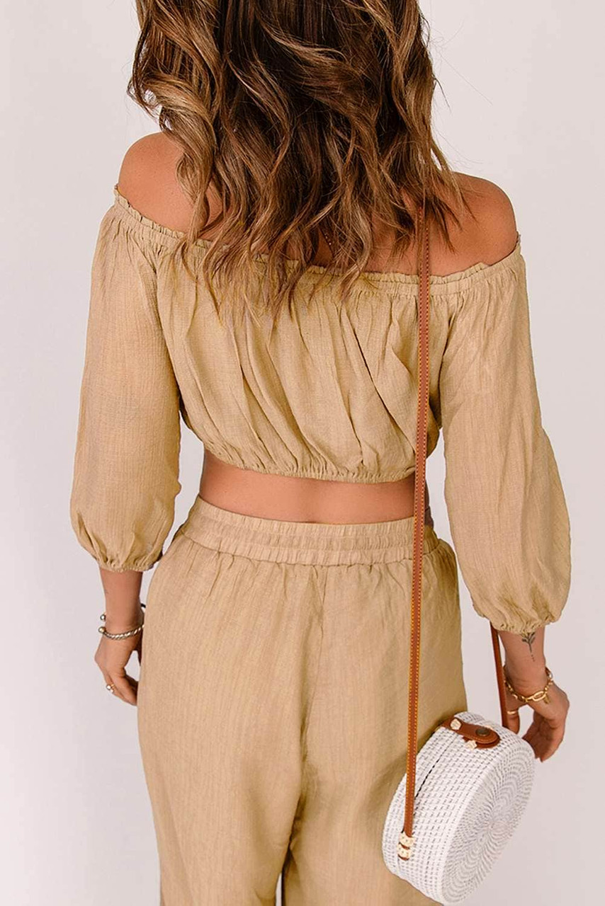 Khaki Off-the-shoulder Puff Sleeves Crop Top