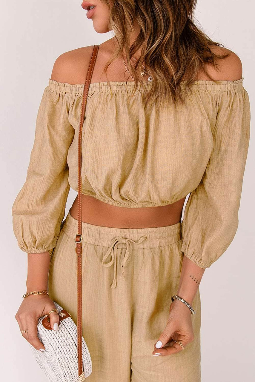 Khaki Off-the-shoulder Puff Sleeves Crop Top