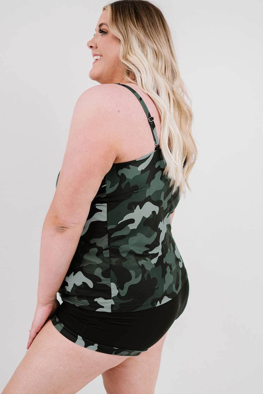 Green Camo Print Square Neck Plus Size Tankini