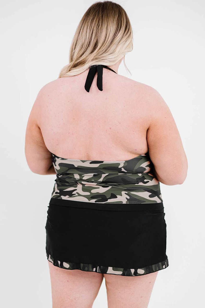 Black Halter Neck Camouflage Patchwork Plus Size Tankini