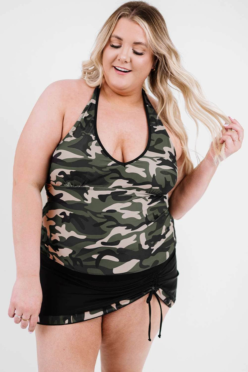 Black Halter Neck Camouflage Patchwork Plus Size Tankini