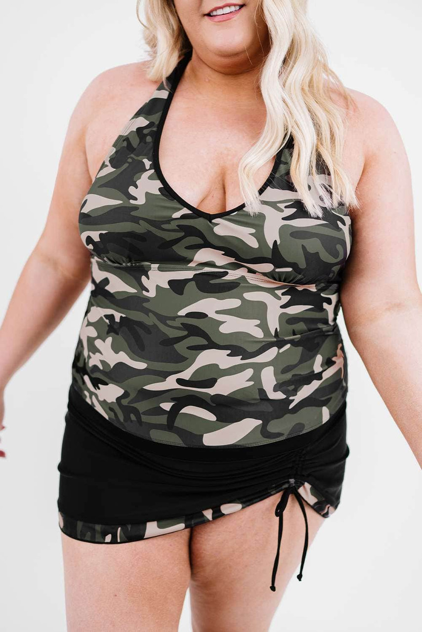 Black Halter Neck Camouflage Patchwork Plus Size Tankini