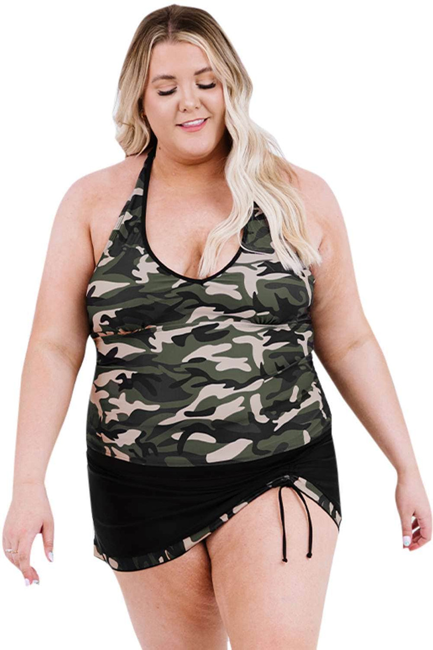 Black Halter Neck Camouflage Patchwork Plus Size Tankini