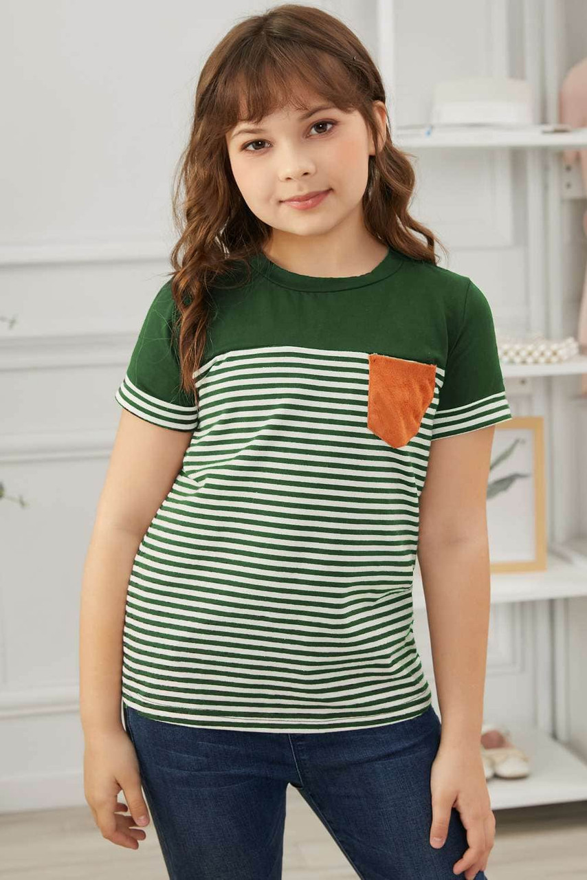 Green Toddler Striped Pocket Patched Tee