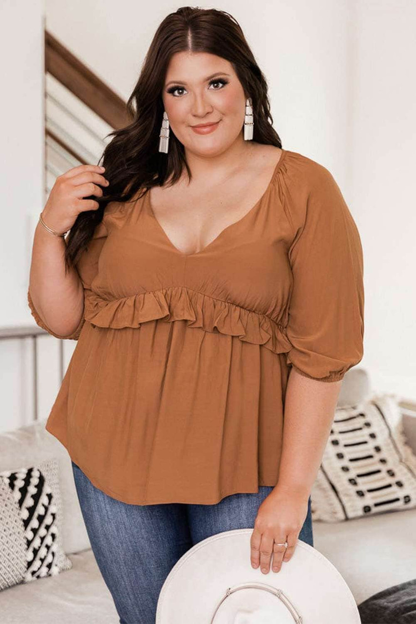 Plus Size V Neck Ruffles Babydoll Blouse