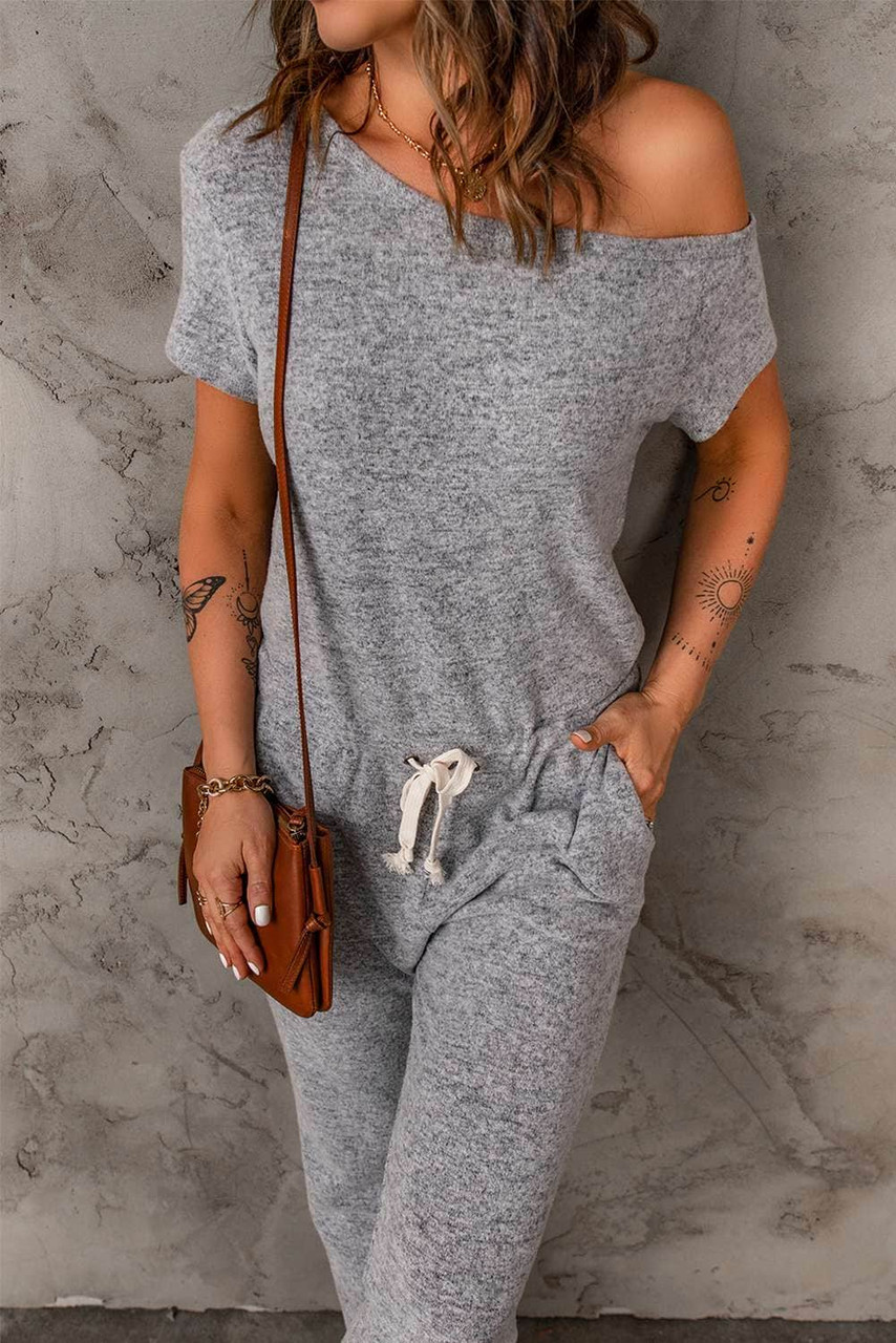 Gray Off Shoulder Drawstring High Waist Short Sleeve Jumpsuit