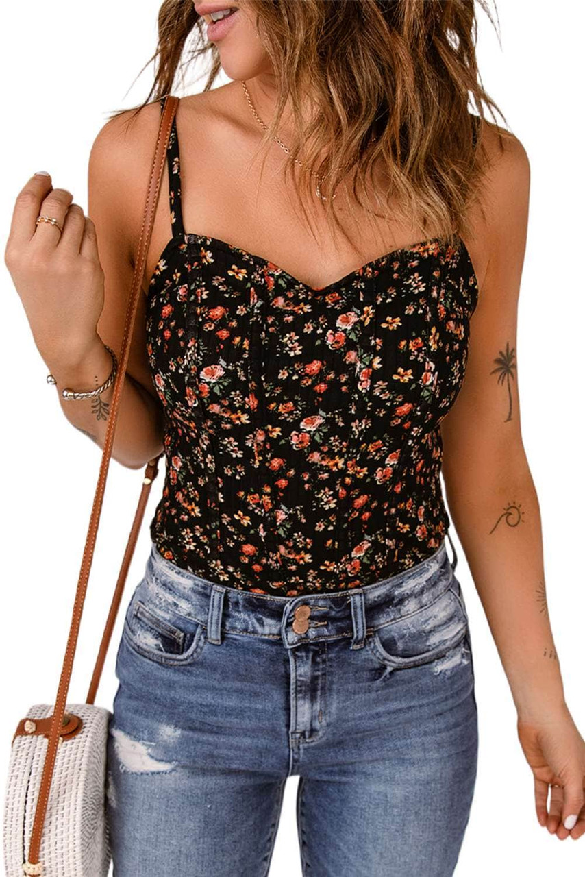 Black Boho Floral Print Spaghetti Straps Bodysuit