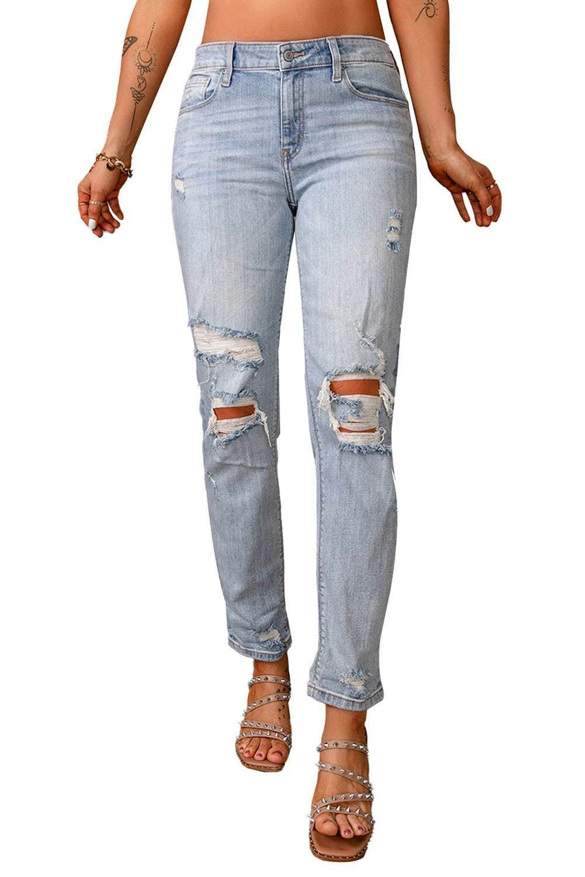 Sky Blue Ripped Mid Waist Jeans