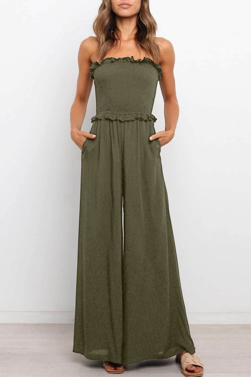 Green Smocked Bandeau Wide Leg Jumpsuit