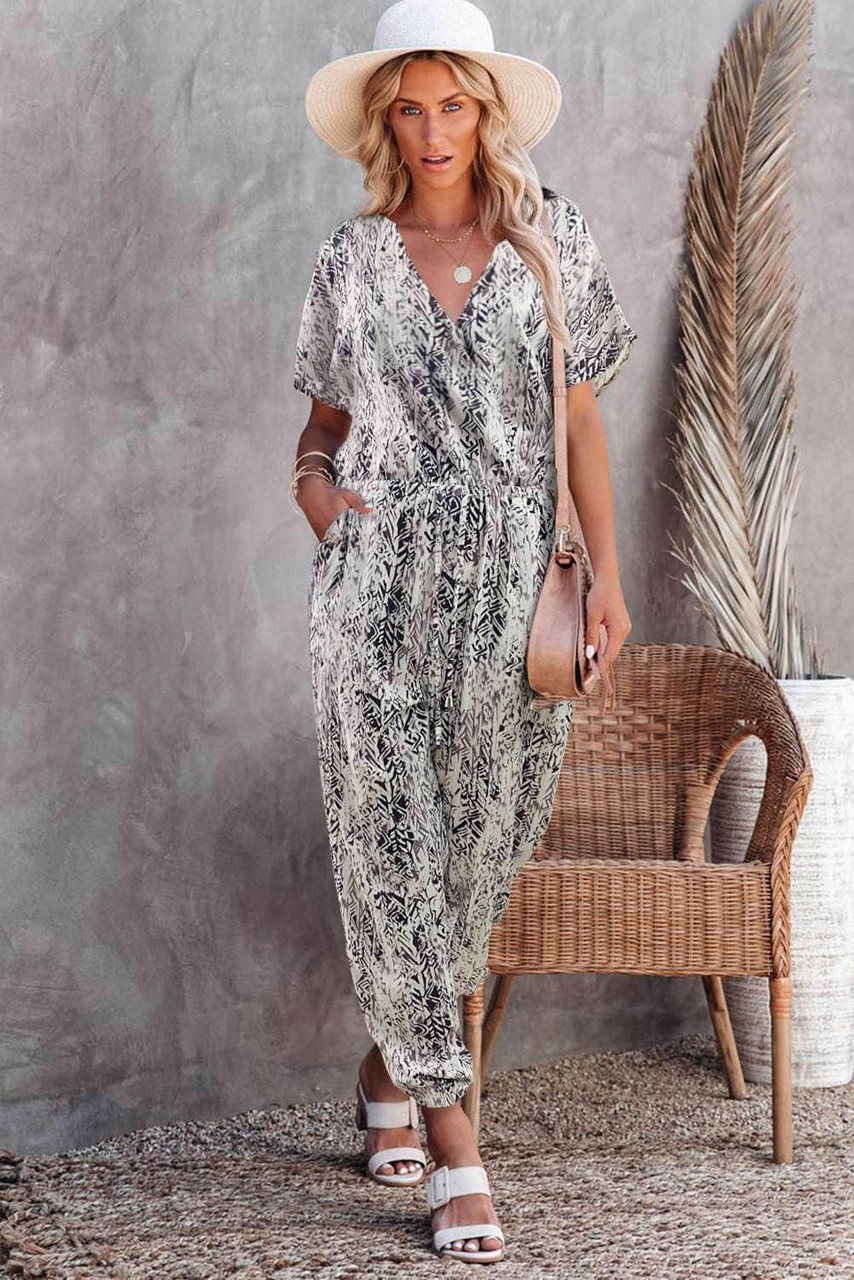 Gray Printed V Neck Relaxed Jumpsuit