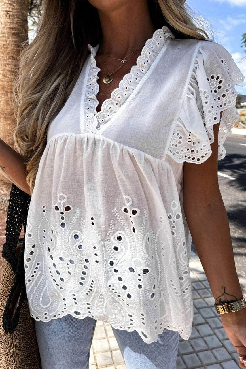 White Perforating Pattern Ruffled Sleeves Sheer Babydoll Top