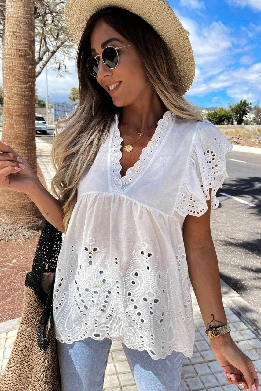 White Perforating Pattern Ruffled Sleeves Sheer Babydoll Top