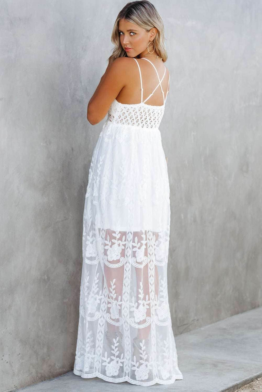 White Lace Crisscross Backless Maxi Dress