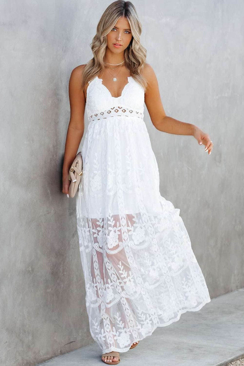 White Lace Crisscross Backless Maxi Dress