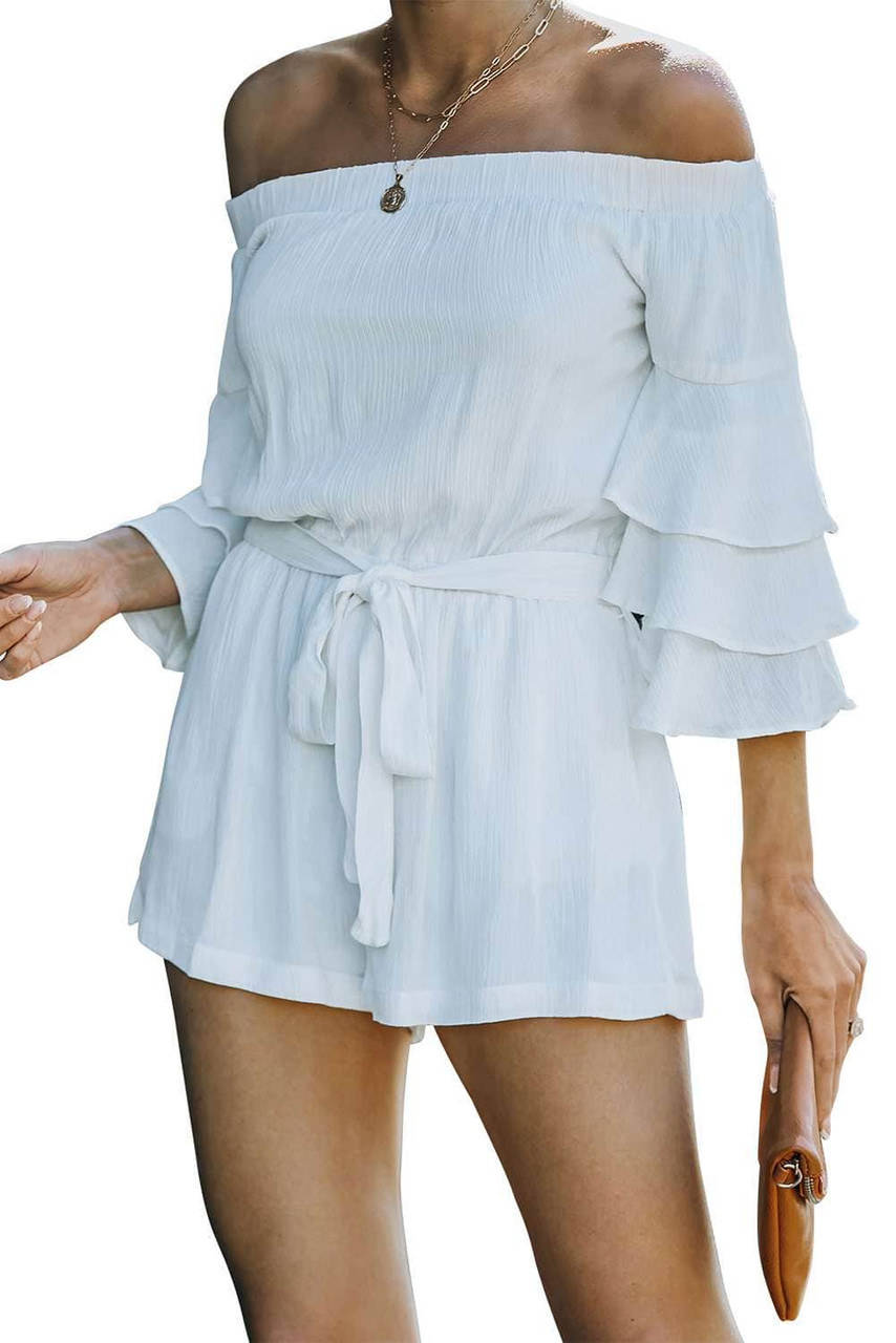 White Tiered Ruffled 3/4 Sleeve Off Shoulder Romper