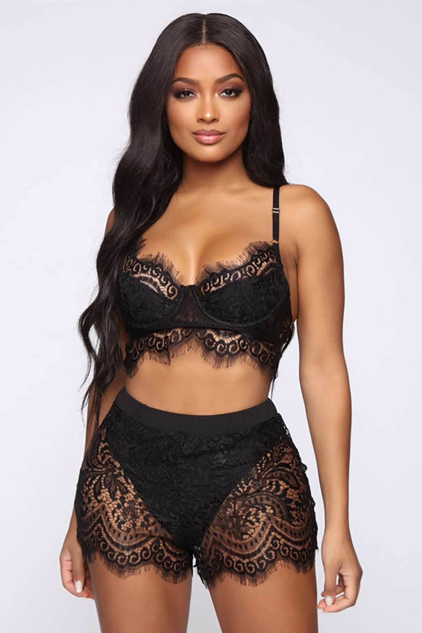 Black Push Up Lace Bralette and Short Set