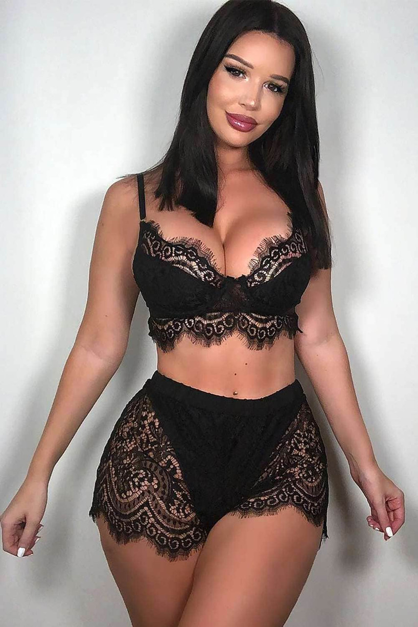 Black Push Up Lace Bralette and Short Set