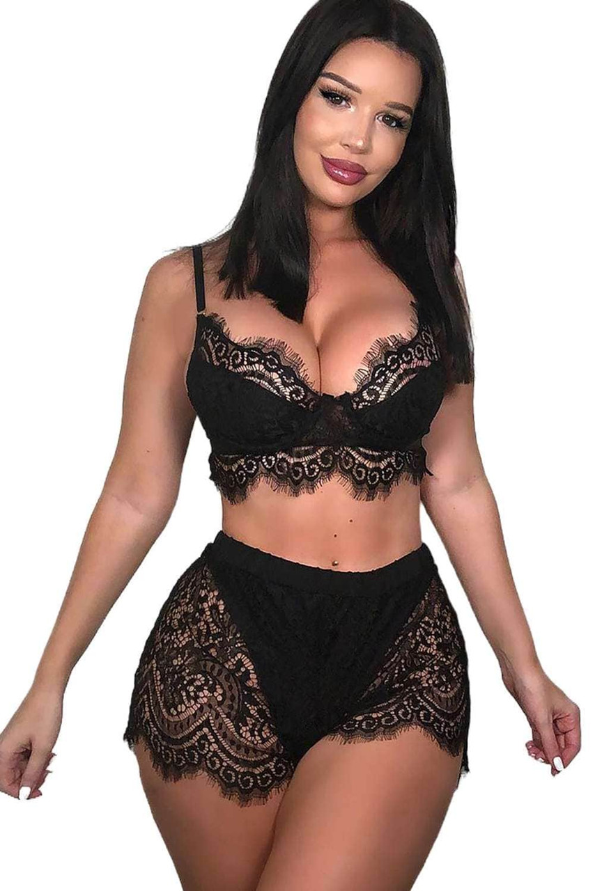 Black Push Up Lace Bralette and Short Set