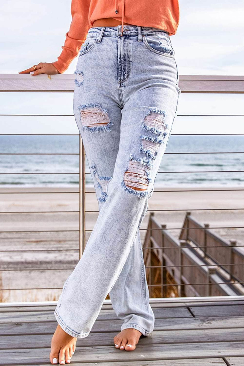 Sky Blue Fading Wash Distressed Casual Jeans