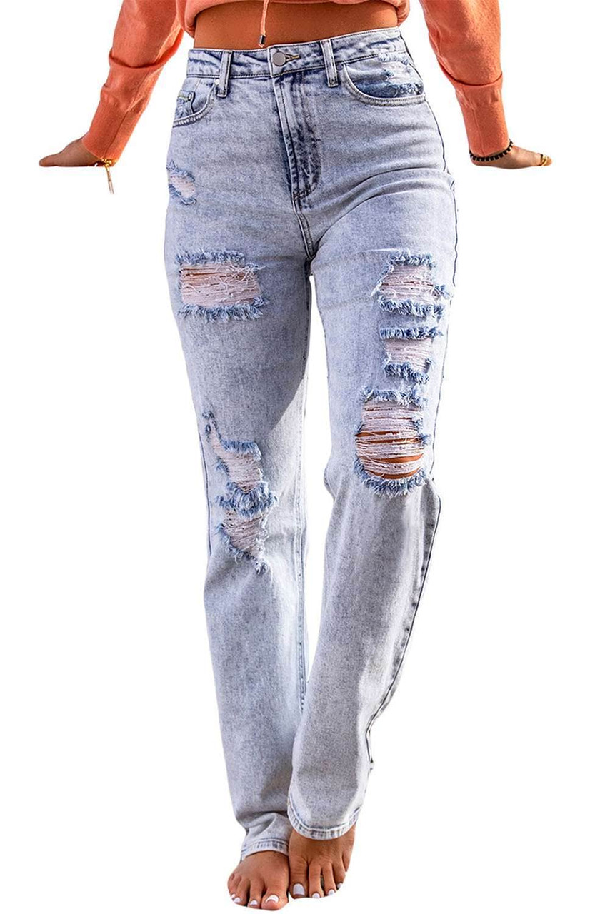 Sky Blue Fading Wash Distressed Casual Jeans