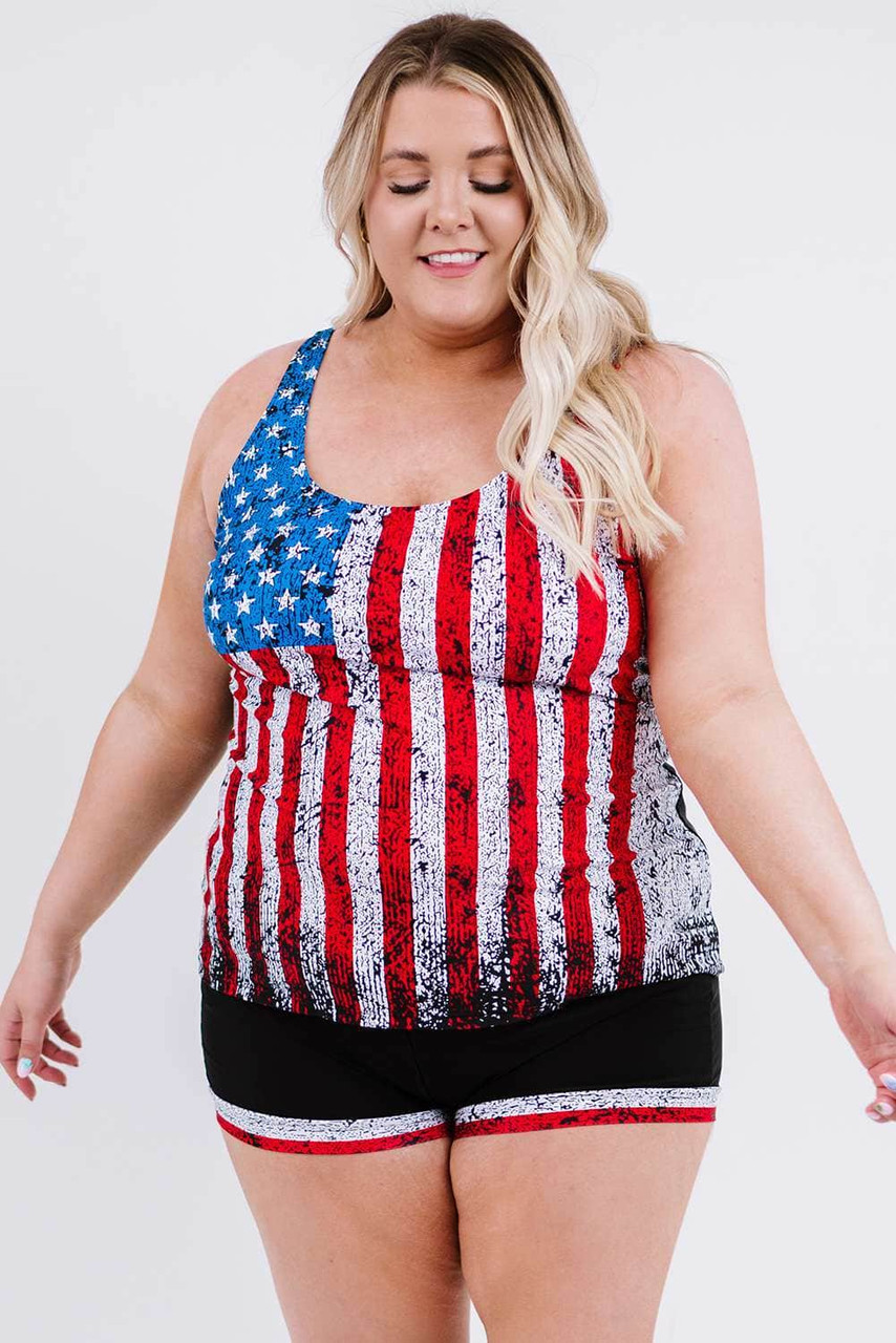 Multicolor American Flag Print Tankini Plus Size Swimwear