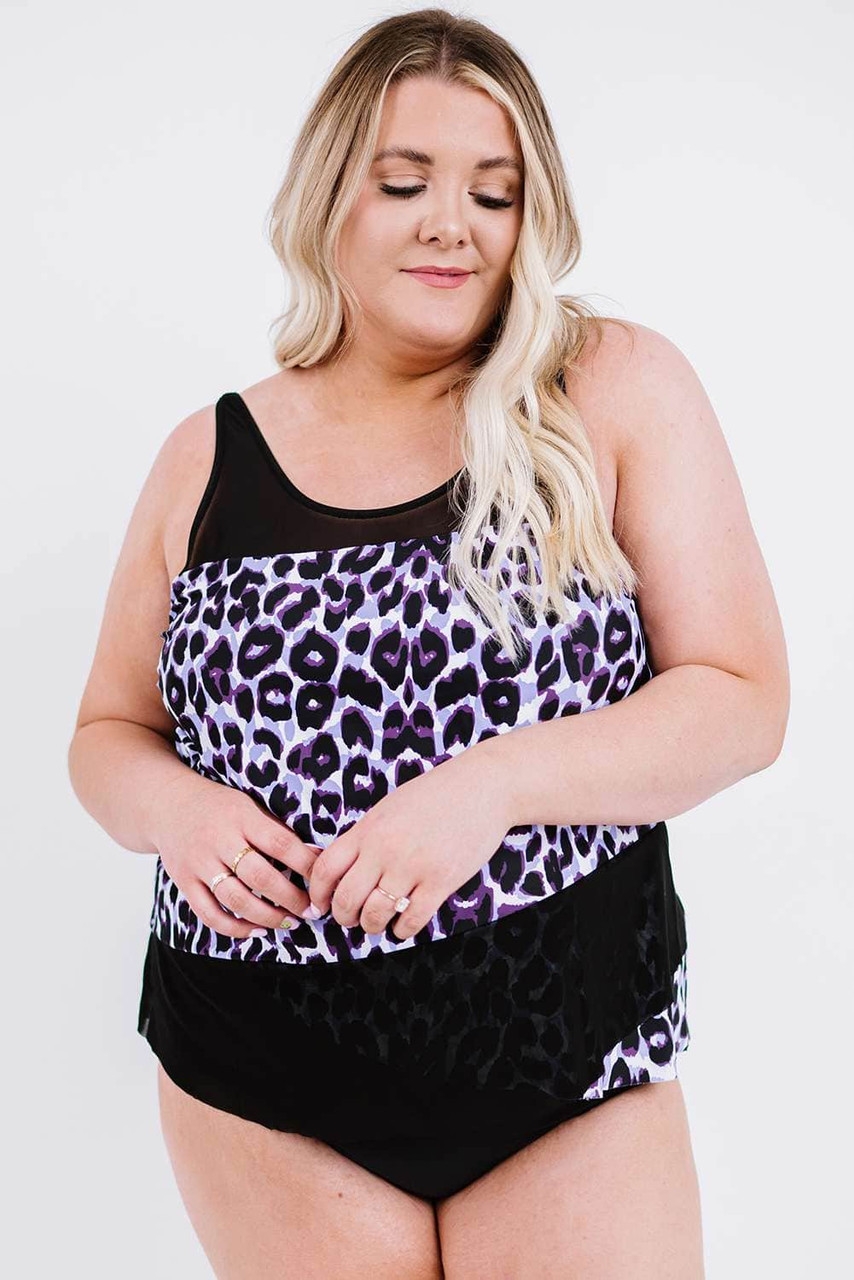 Black Leopard Splicing Plus Size Tankini