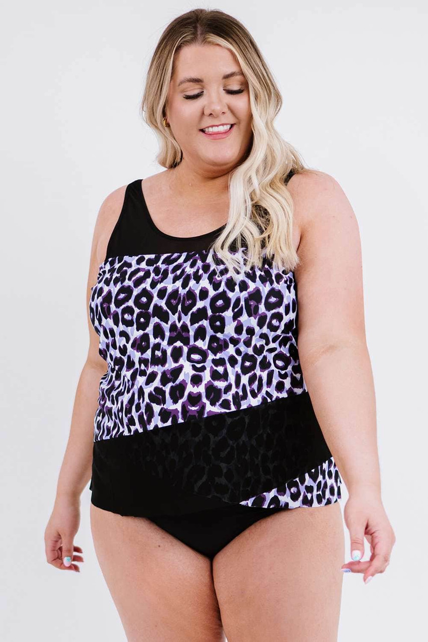 Black Leopard Splicing Plus Size Tankini