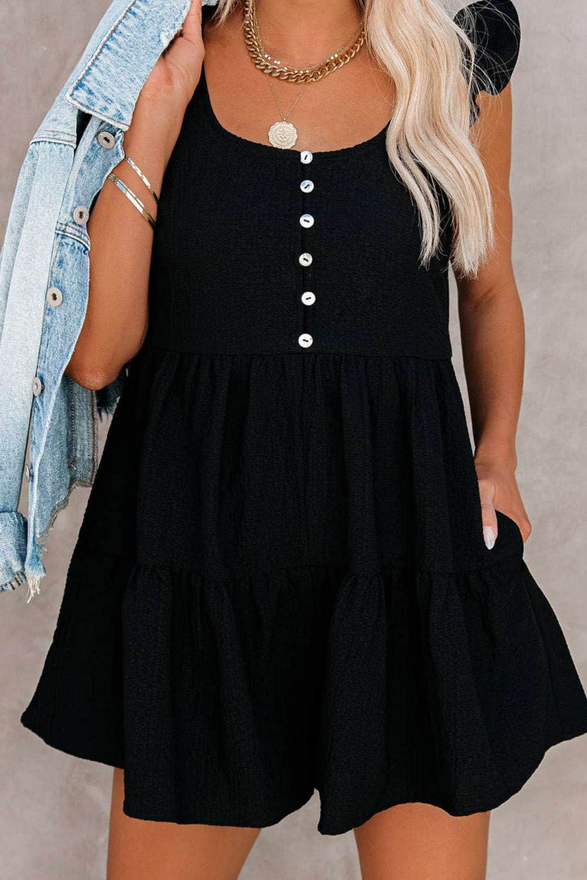 Black Flutter Shoulder Pocketed Babydoll Romper