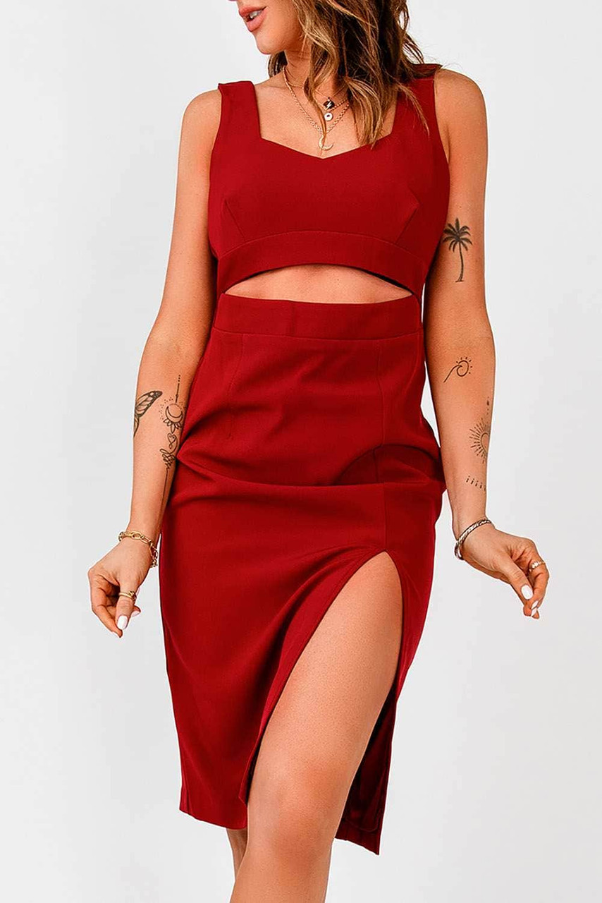 Red Cut out Waist Side Slit Sleeveless Midi Dress