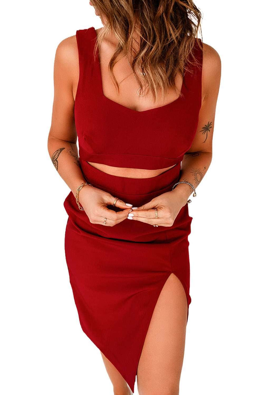 Red Cut out Waist Side Slit Sleeveless Midi Dress