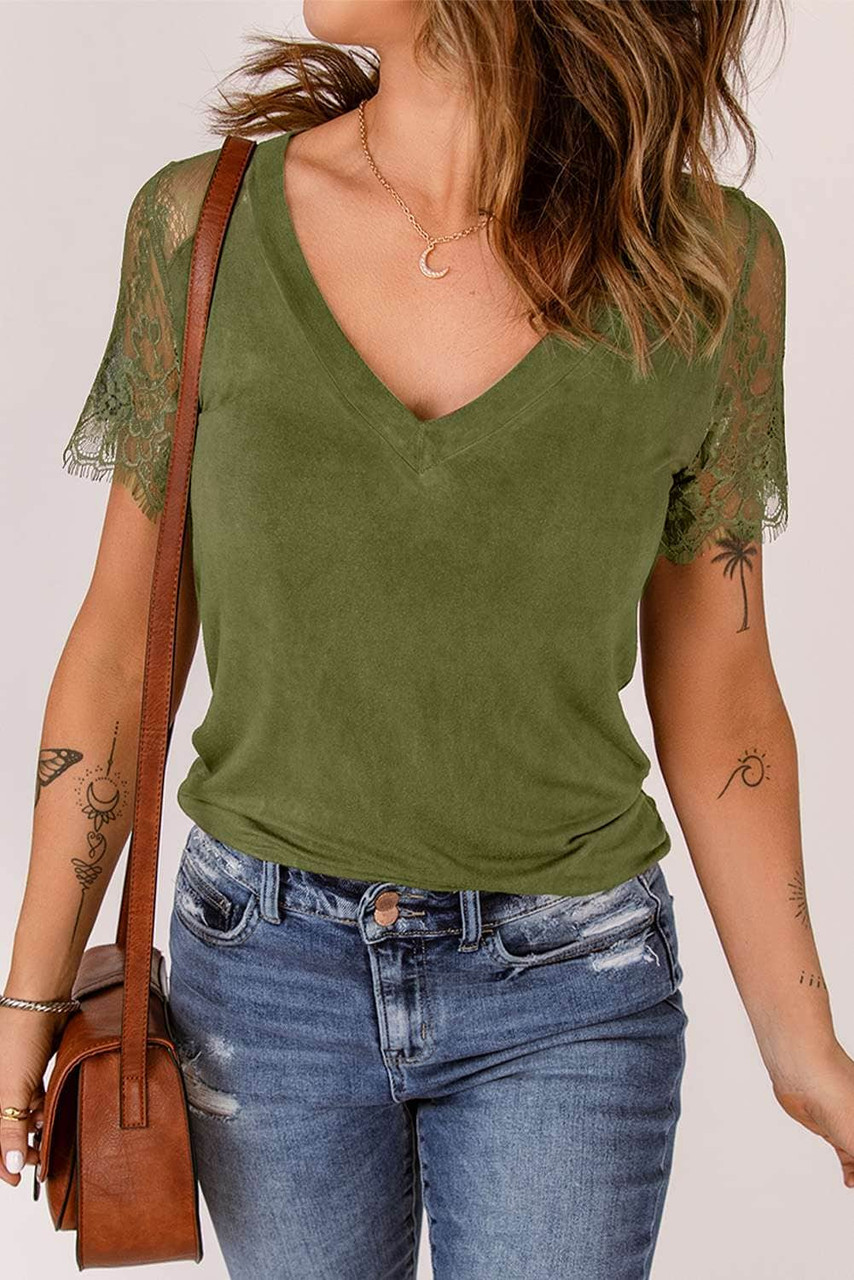 Green Lace Crochet Short Sleeve Deep V Neck T Shirt