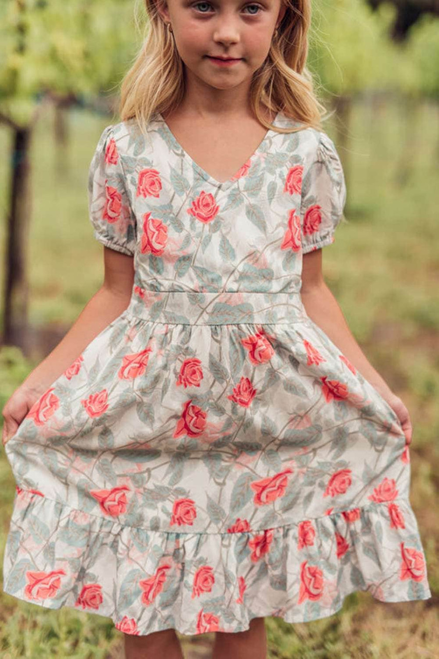 Red Little Girls Painted Rose Floral Dress