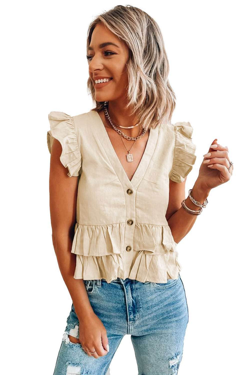 Beige Tiered Ruffles Buttoned V Neck Top