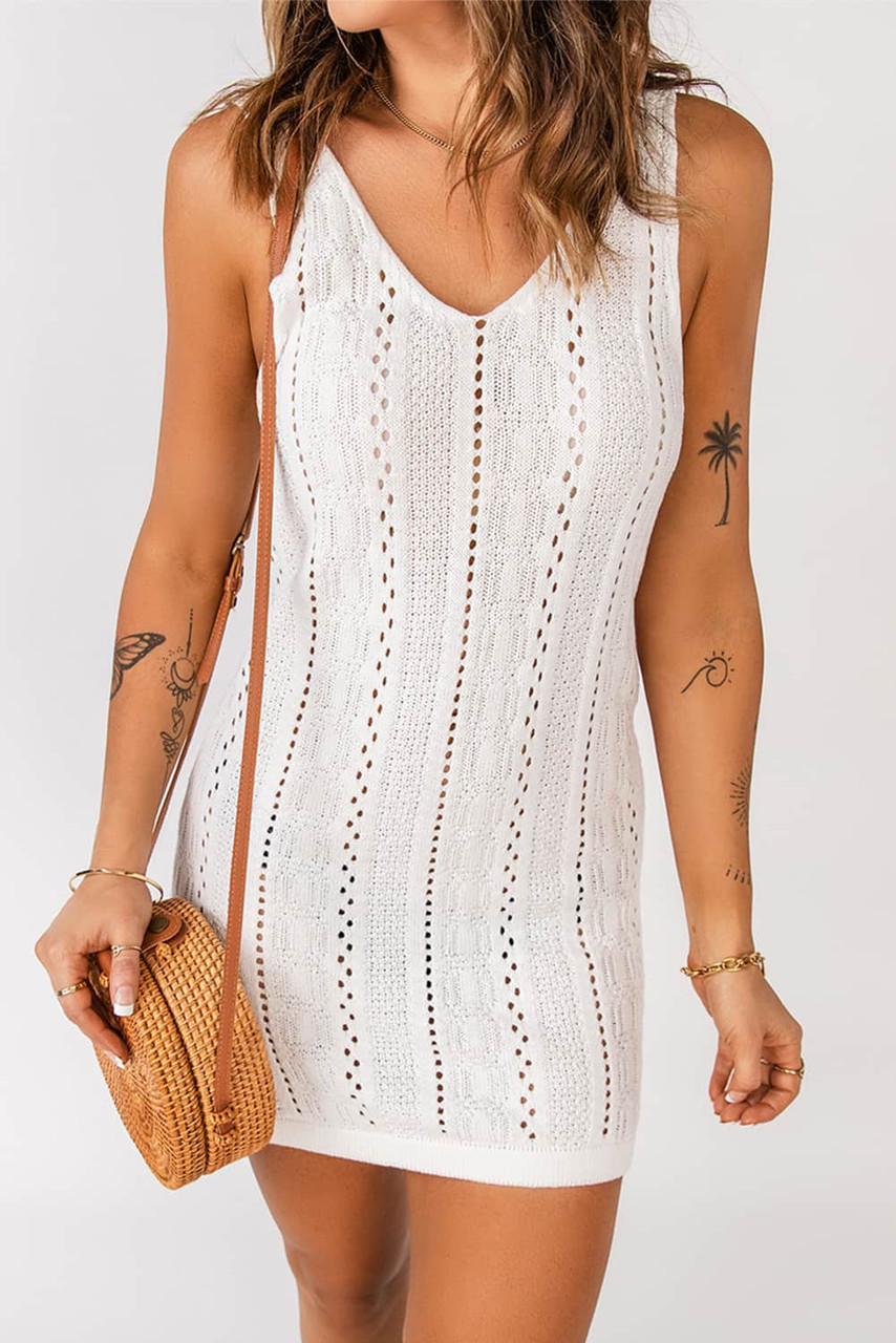 White Openwork Crochet Sleeveless Beach Dress