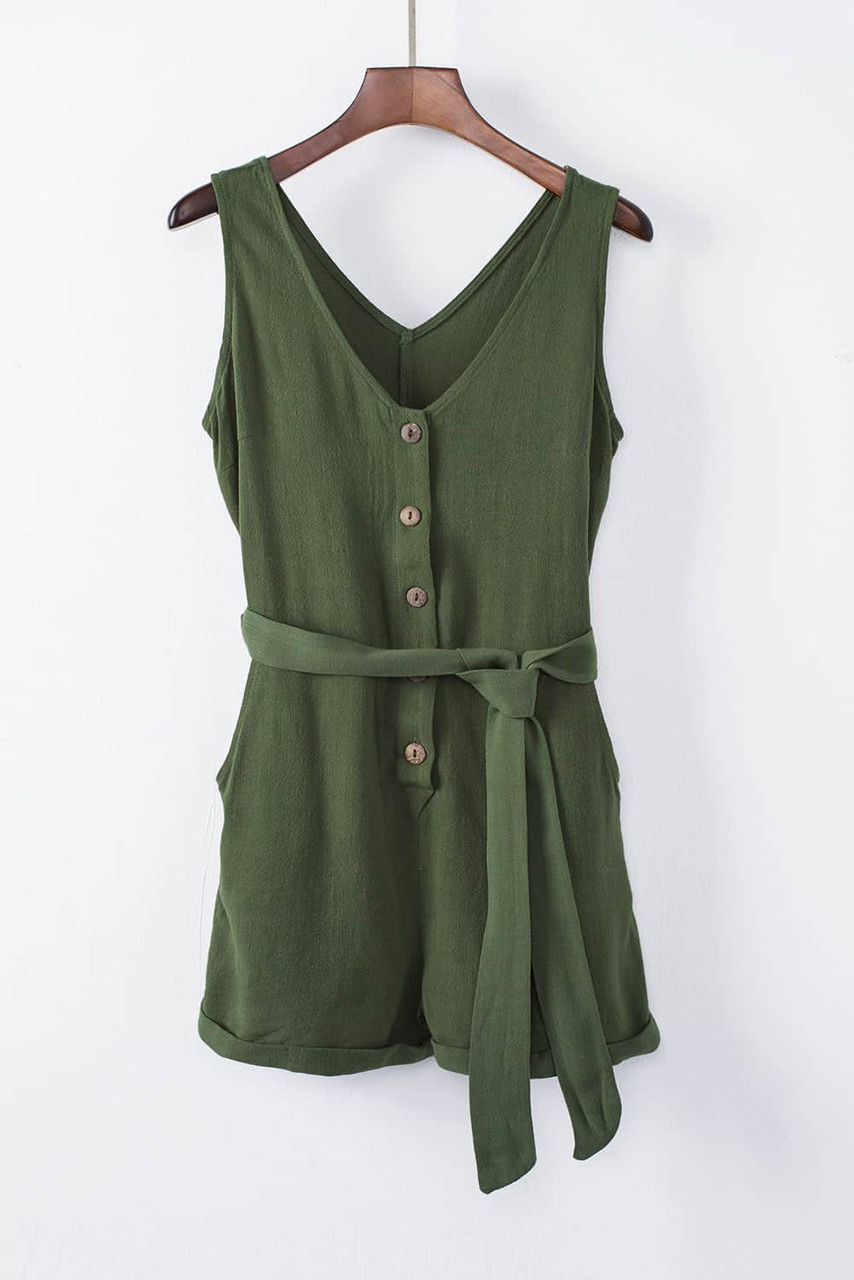 Green Button V Neck Romper with Belt