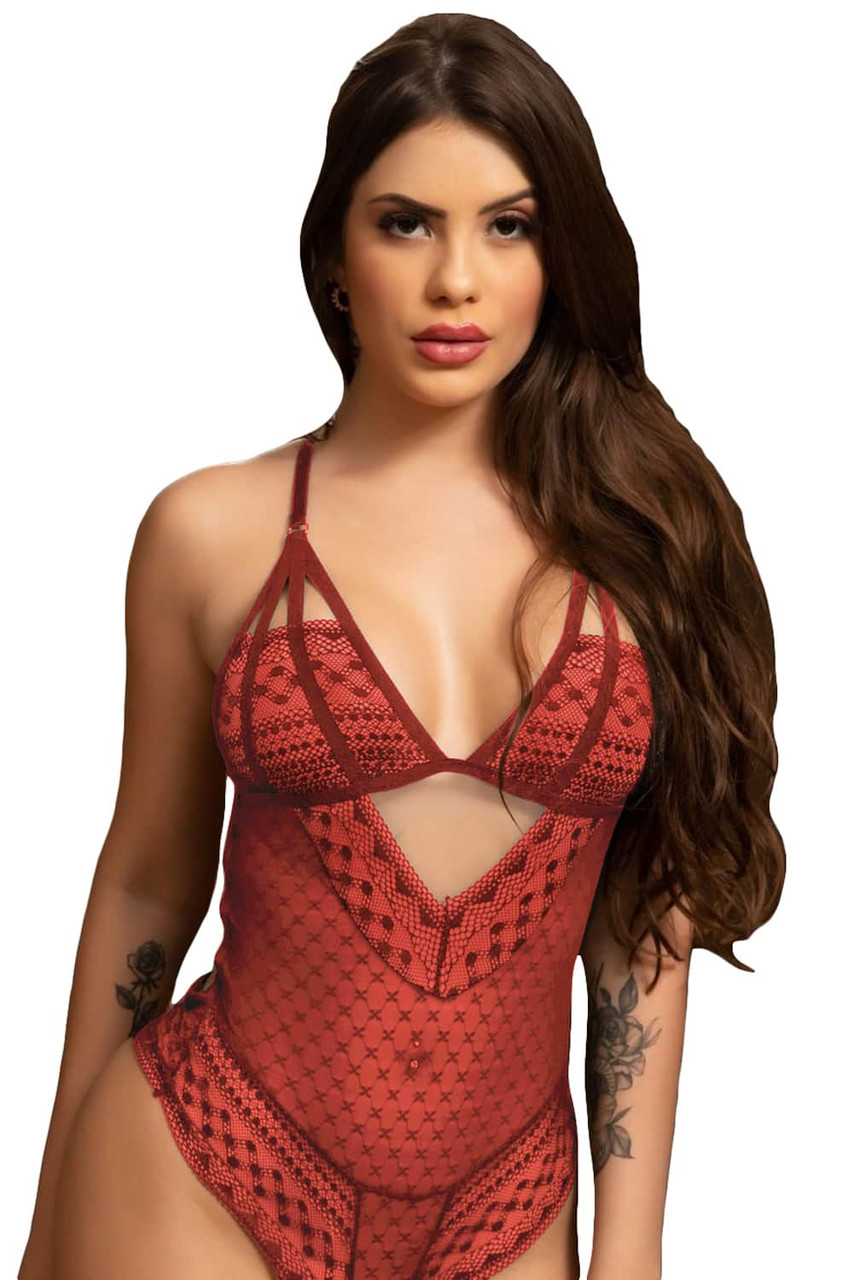 Red Sexy Cutout Strappy Back Teddy Lingerie