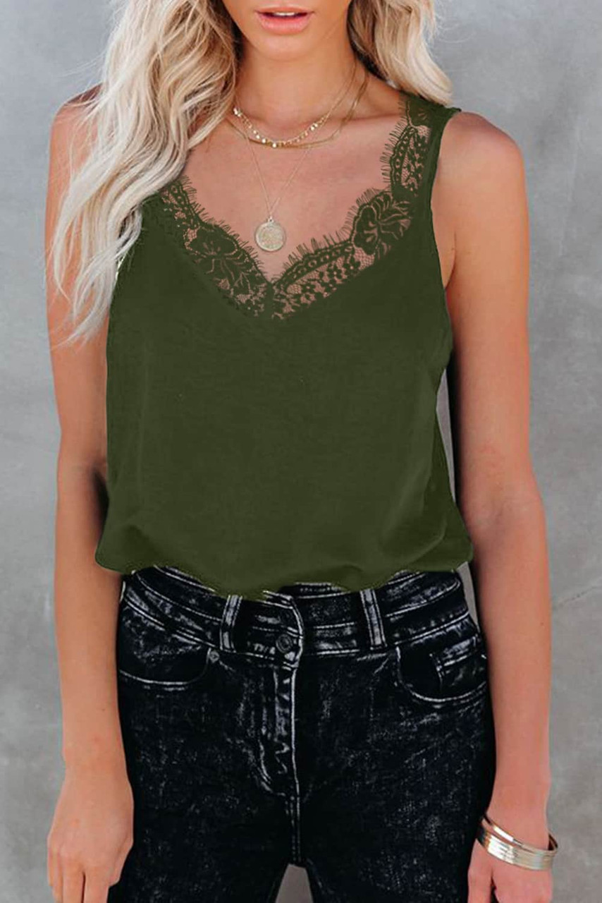 Green Solid Lace Splicing Tank Top